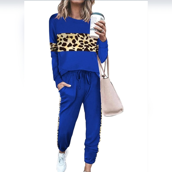 NWT!! Women's Leopard Blue 2pc. Crewneck Long Sleeve Top and Pants Outfit!! - Picture 4 of 6